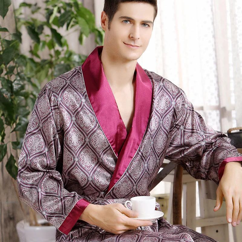 Men's Satin Kimono Bathrobe - Geometric Long Sleeve Lounge Robe