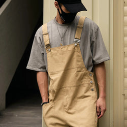Men's Loose Khaki Bib Overalls with Cargo Pockets