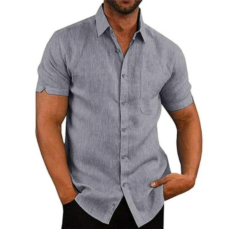 Polo Collar Short Sleeve Shirt - Solid Button Casual Top