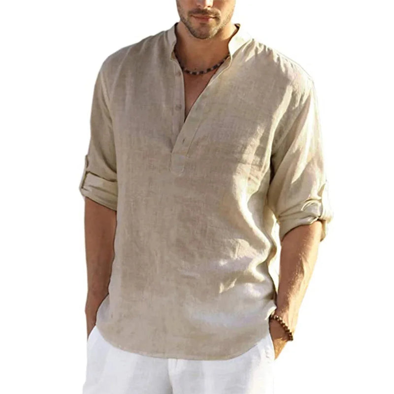 Cotton Linen Stand Collar Shirt - Loose Long Sleeve Casual Top