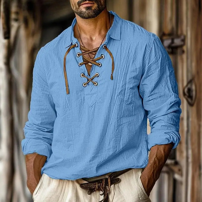 Linen Style Viking Beach Shirt - Loose Lapel Long Sleeve Top