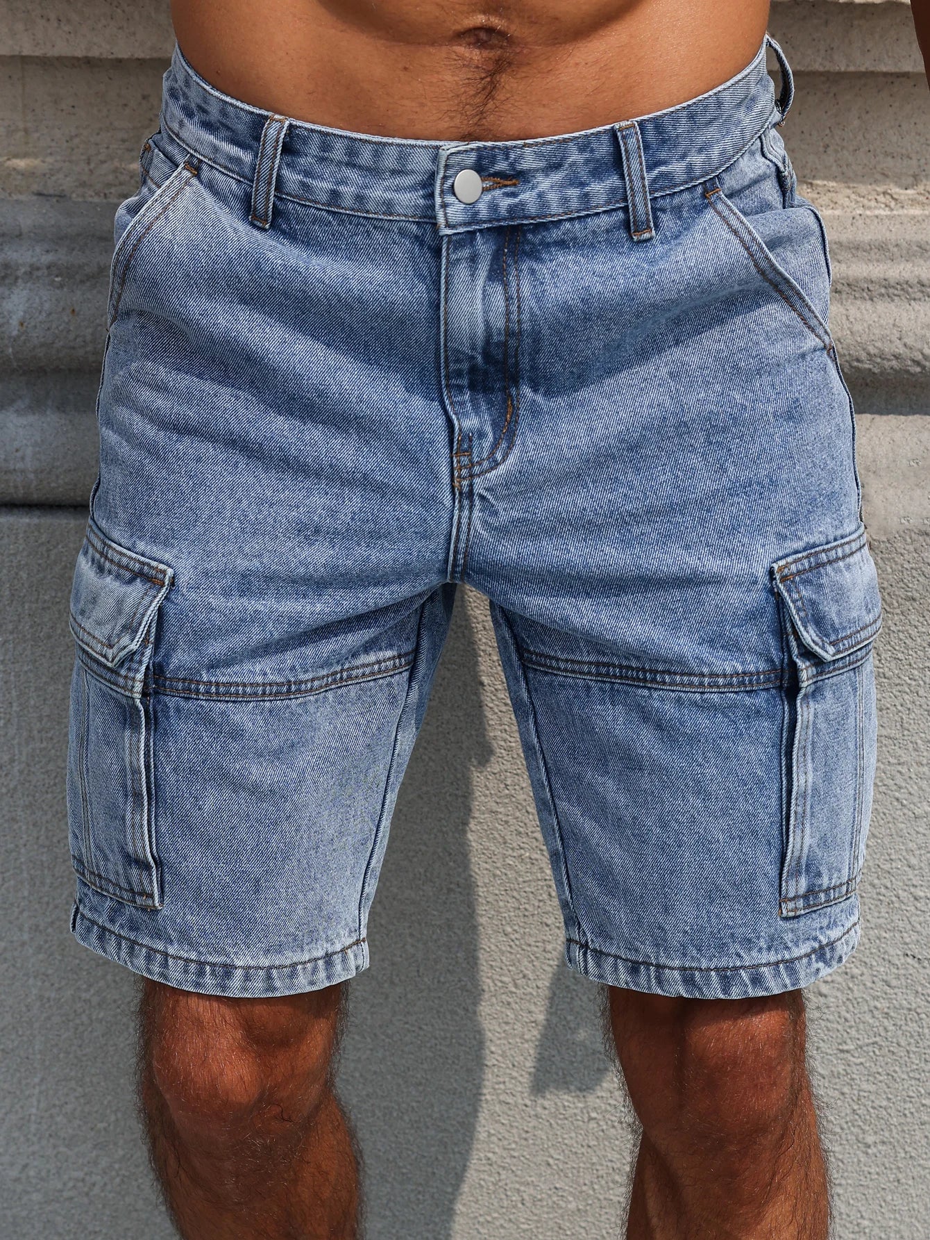 Men's Blue Denim Multi-Pocket Casual Shorts