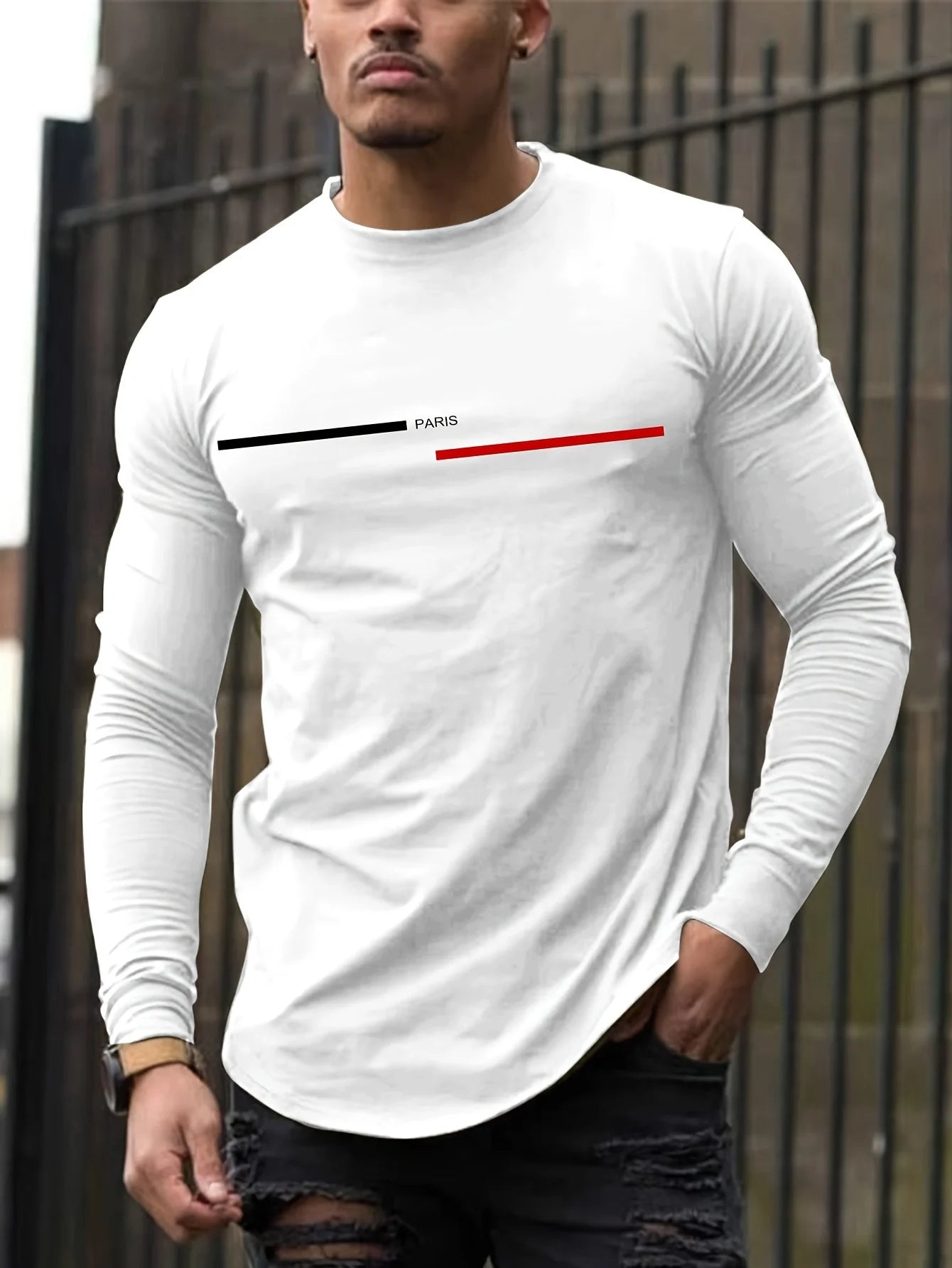 Men's Loose Cotton Paris Print Long Sleeve T-Shirt