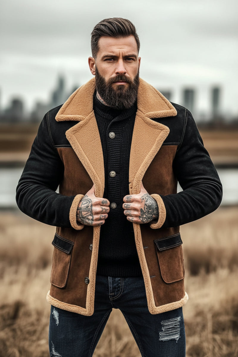 Men's Patchwork Lambwool Suede Jacket - Retro Thick Winter Outwear
