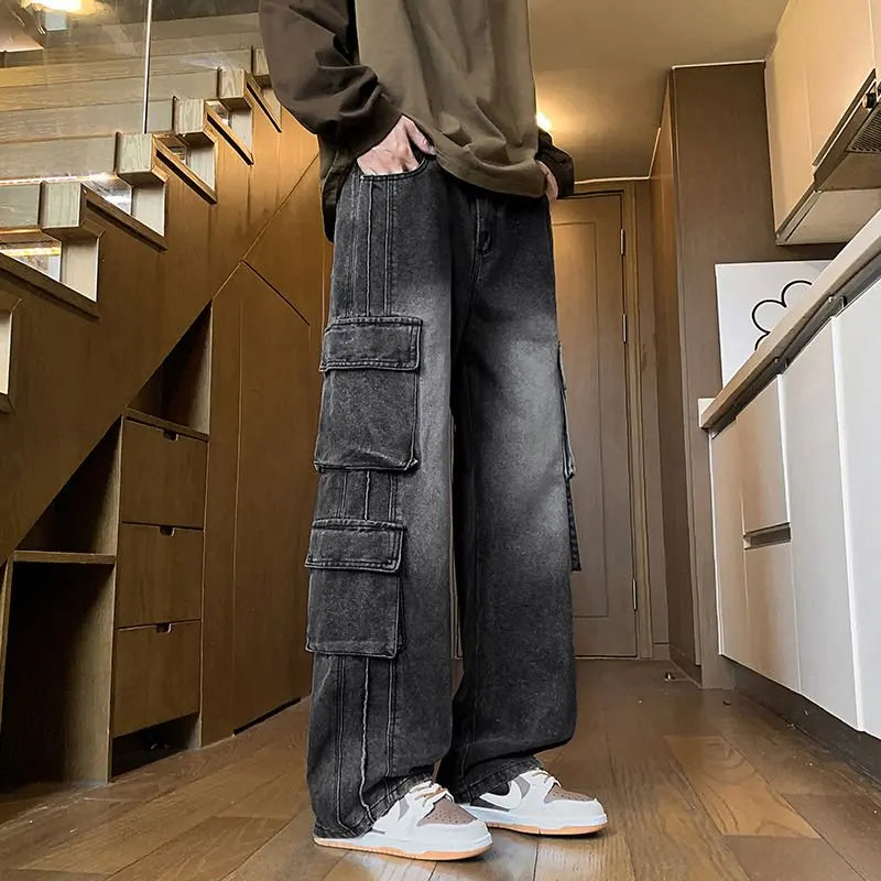 Men's Loose Multi-Pocket Wide Leg Work Jeans