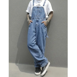 Men's Loose Denim Overalls with Multiple Pockets