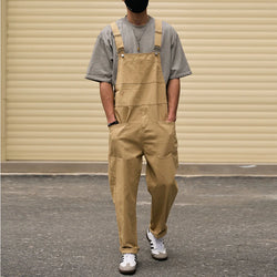 Men's Loose Khaki Bib Overalls with Cargo Pockets