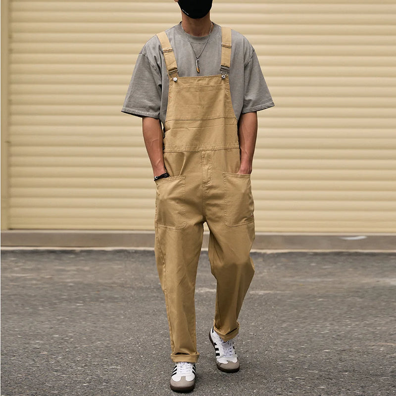 Men's Loose Khaki Bib Overalls with Cargo Pockets