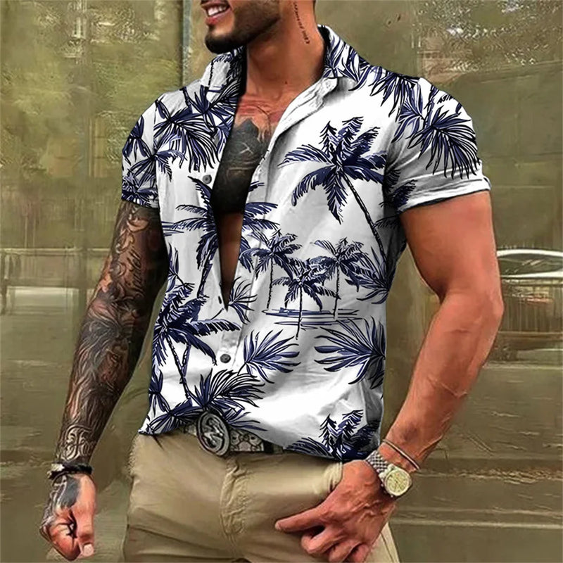 Hawaiian Coconut Tree Shirt - Short Sleeve Beach Polo Top
