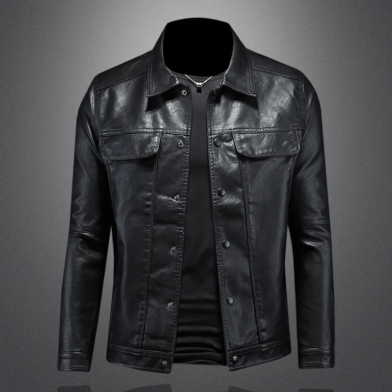 Men's Slim Motorcycle Leather Coat - Solid Color Lapel Jacket M-5XL