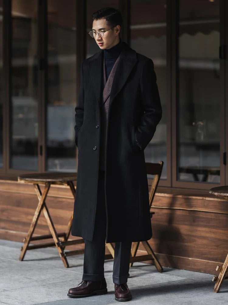 Men's Long Black Wool Blend Trench Coat - Single-Breasted Winter Overcoat