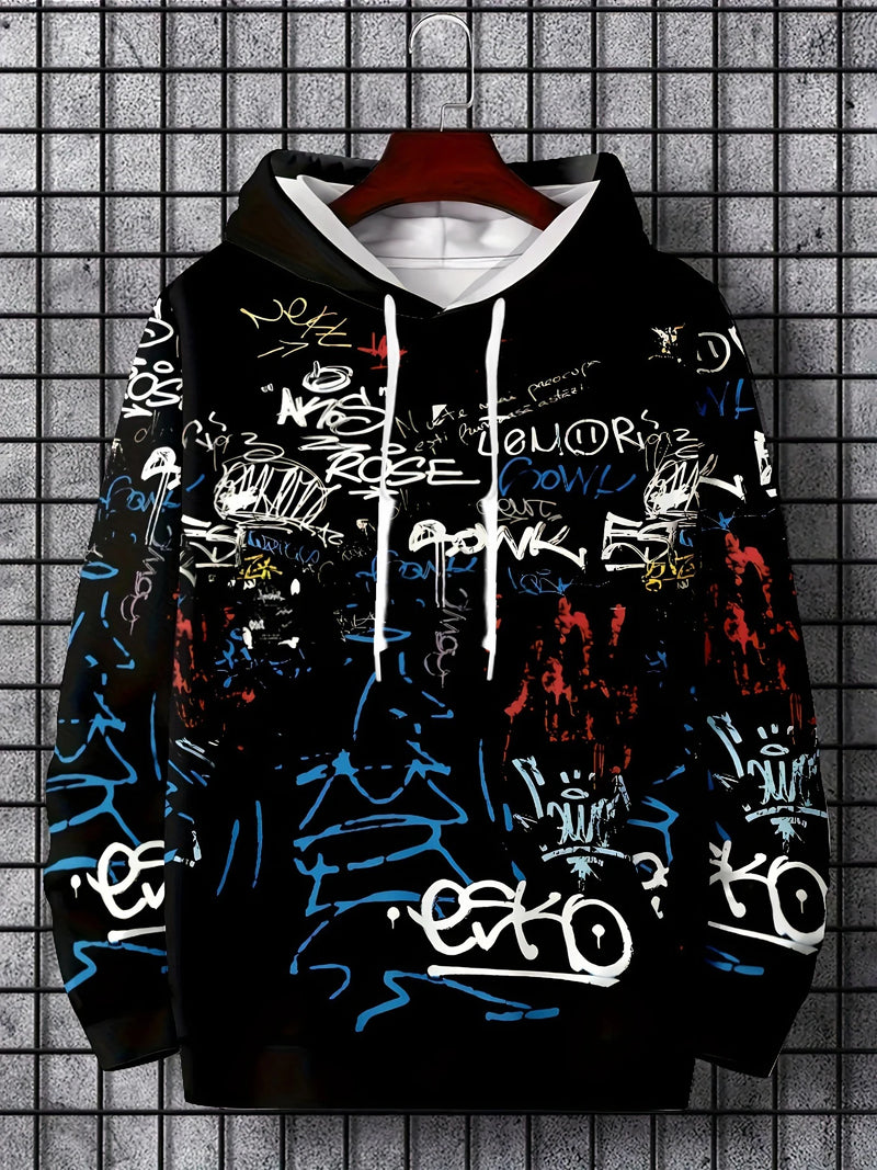 Men's Graffiti Print Hooded Sweatshirt - Soft Urban Streetwear Hoodie