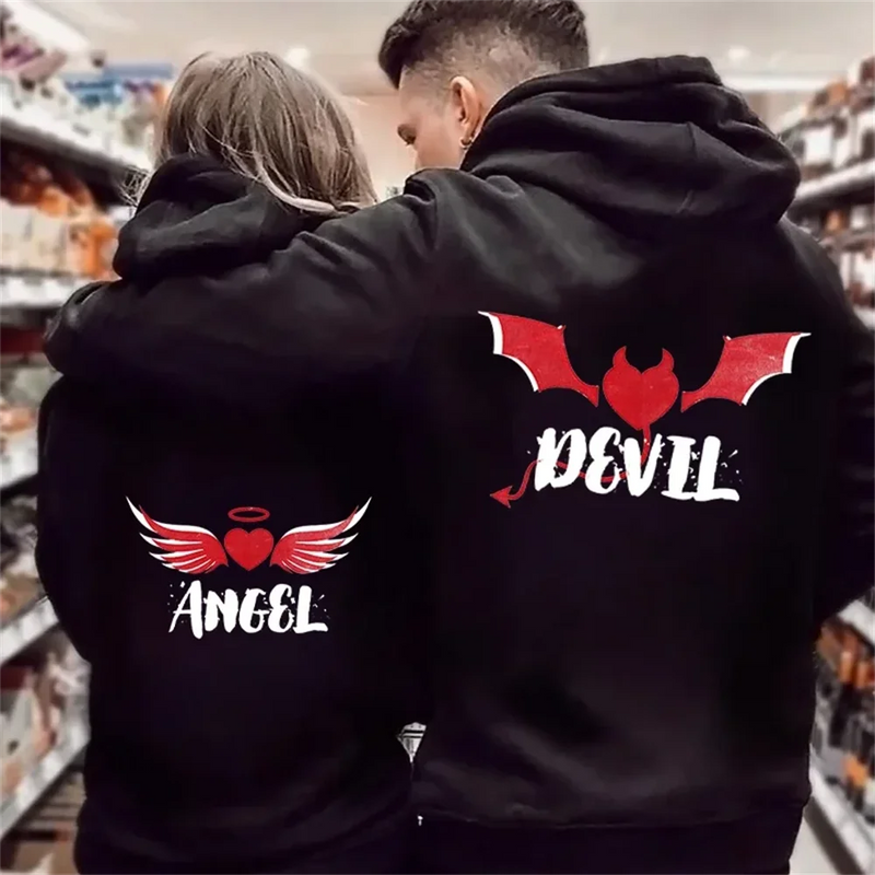 Angel and Demon Matching Couple Hoodies - His & Hers Black Hoodie Set